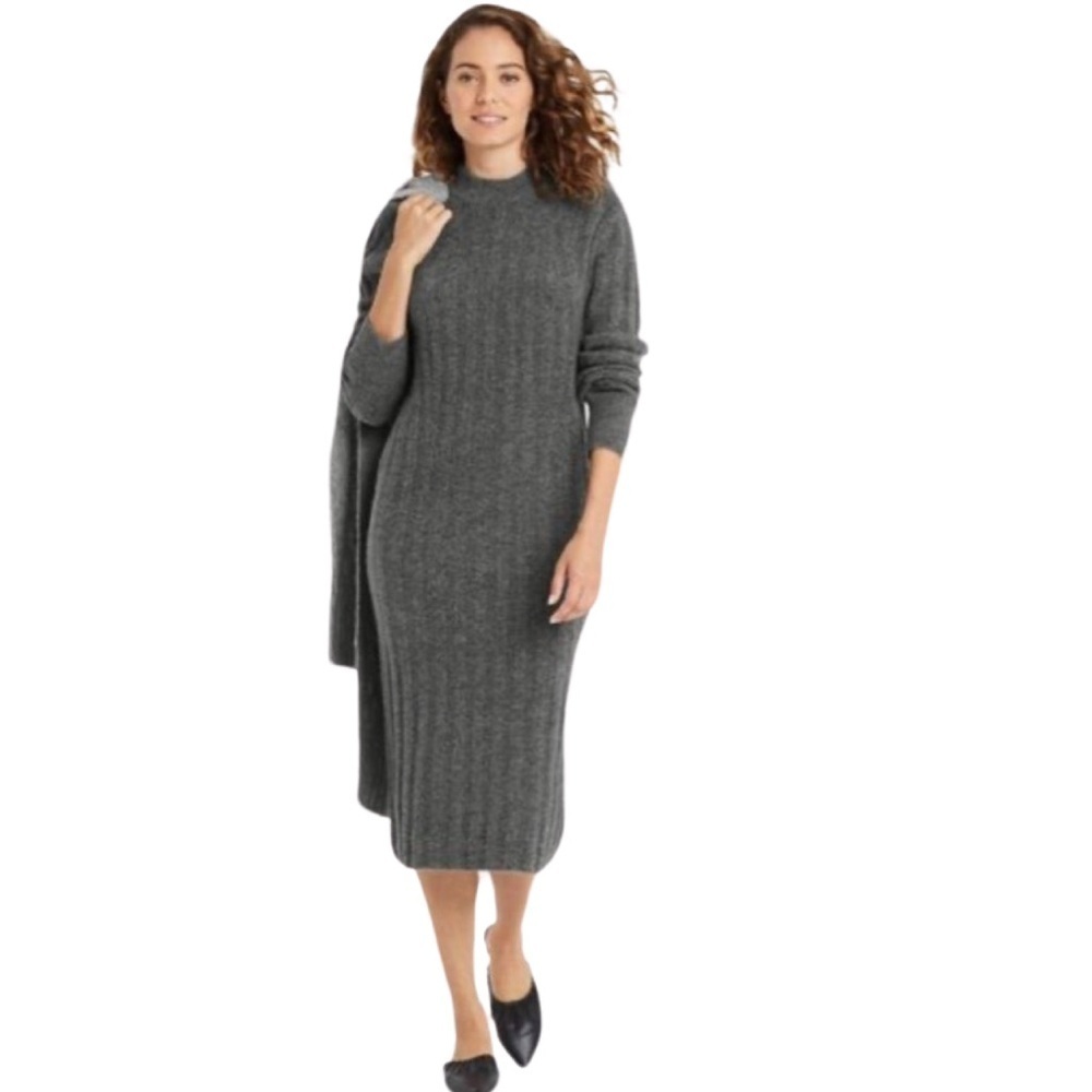 A New Day Gray Long Sleeve Mock Neck Ribbed Sweater Dress NWT Size M